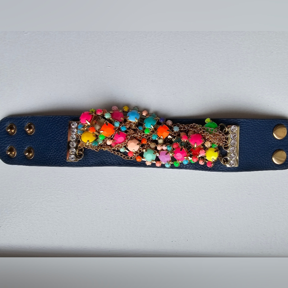 Multi-color leather & bead cuff